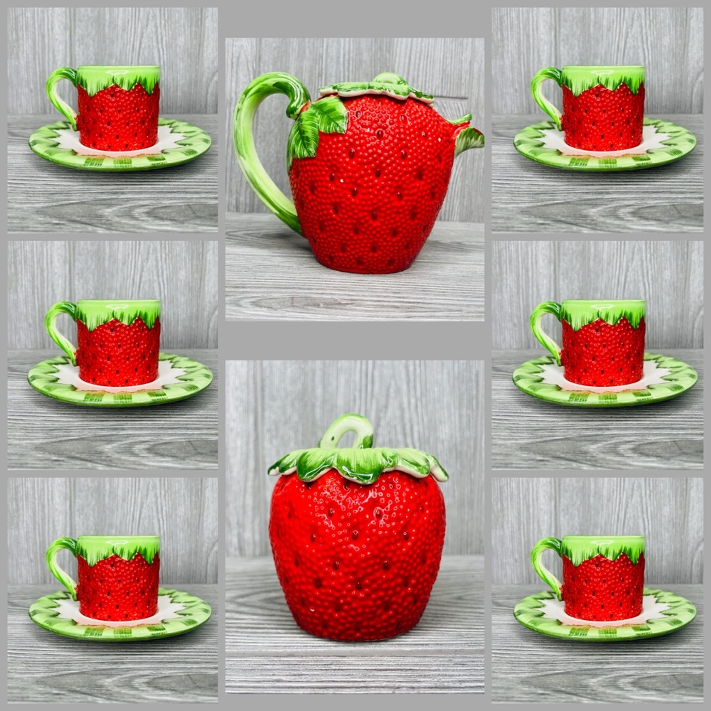 Gift Ideas Creation Strawberry Espresso coffee Tea Set 14 cups saucers pot sugar